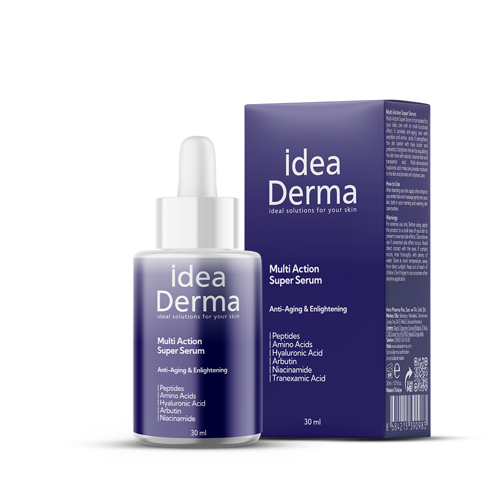 İdea Derma Multi Action Super Serum 30 ml şişesi ve mor kutusunun gerçek ürün fotoğrafı